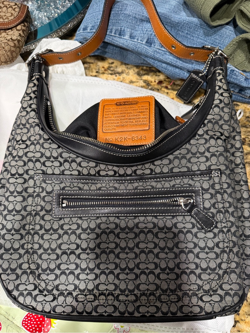 Coach Black & Gray Signature Jacquard Shoulder Bag Jacquard Zip Hobo Style 6343
